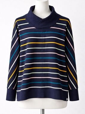 Talbots Navy Striped Funnel Neck Sweatshirt with Pastel & Yellow Stripes